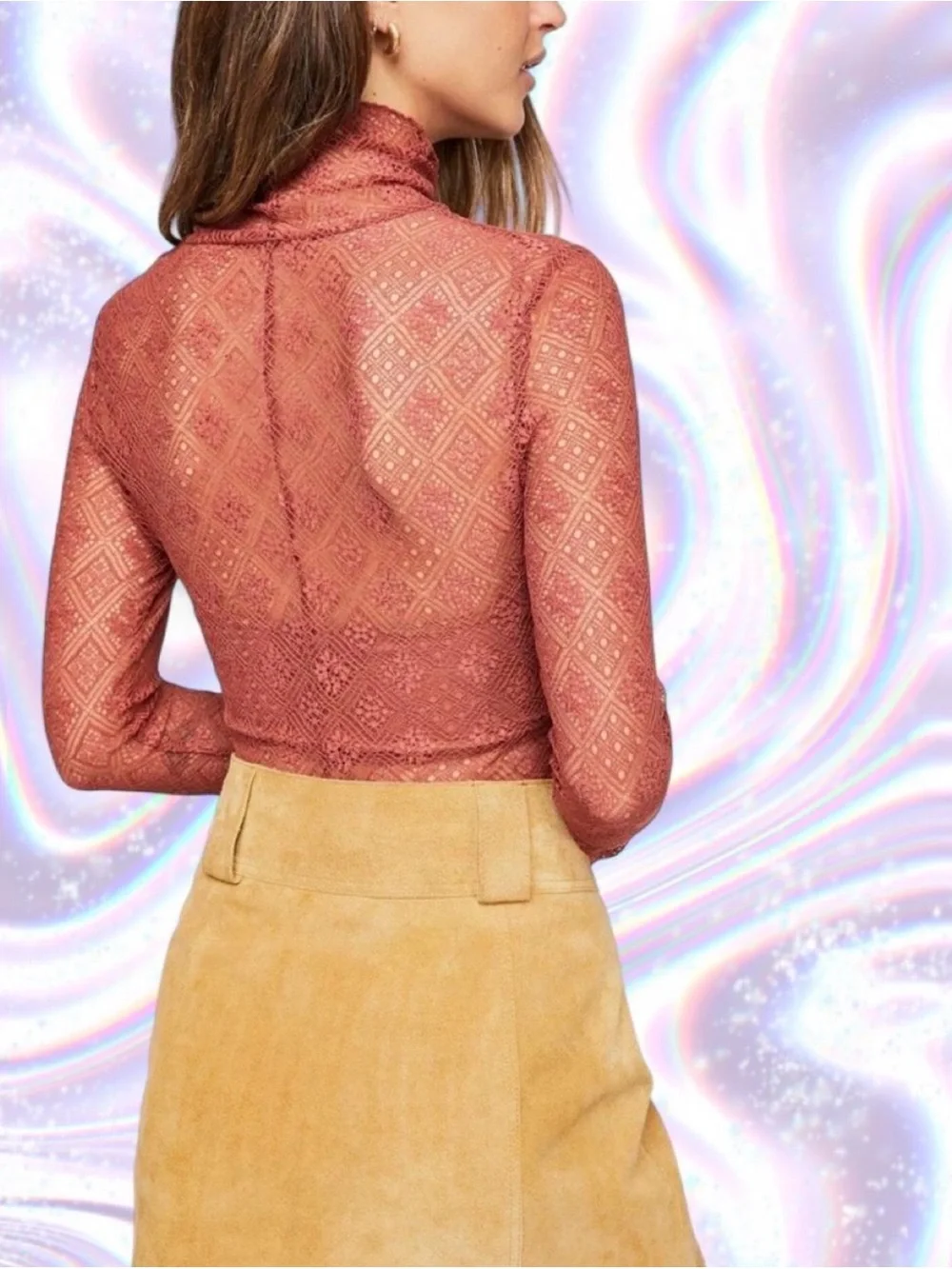 Free People Double Layer Tribeca Sheer Lace Mock Neck Top - Rusty Pink